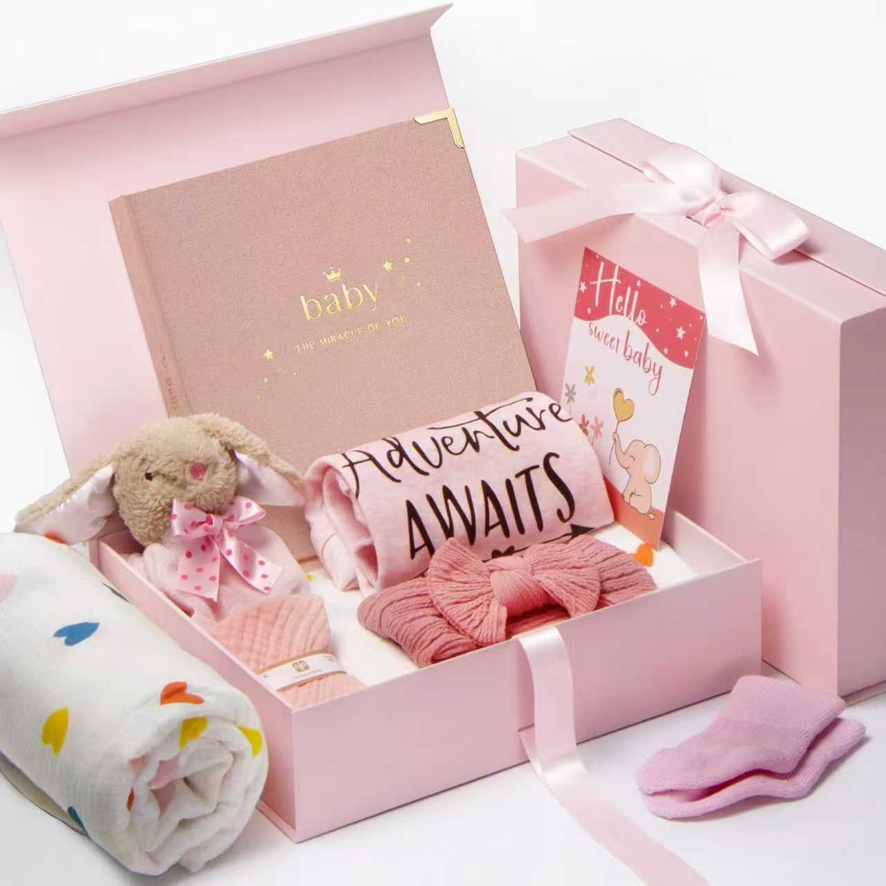 New Born Baby Girls Gift - Baby Gifts for Baby Shower - Baby Girl Gift Basket Includes Baby Memory Book, Swaddle Blanket - Shower Party Welcome Baby Girl Gender Reveal Gift Idea