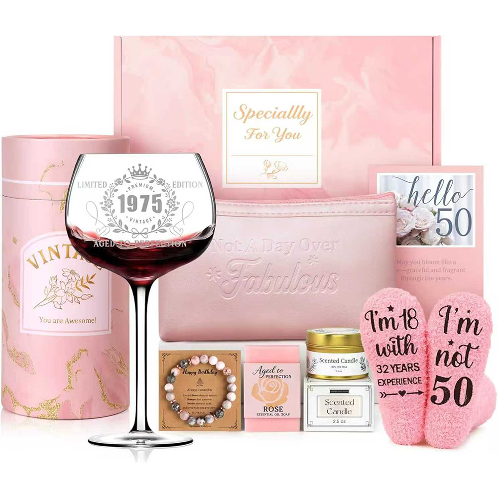 50th Birthday Gifts for Her - 50th Birthday Gifts for Women with Vintage 1975 Wine Glass Fabulous 50 Year Old Gifts for Women Cool 50th Birthday Decorations for Woman, Mom, Sister, Friends, Wife