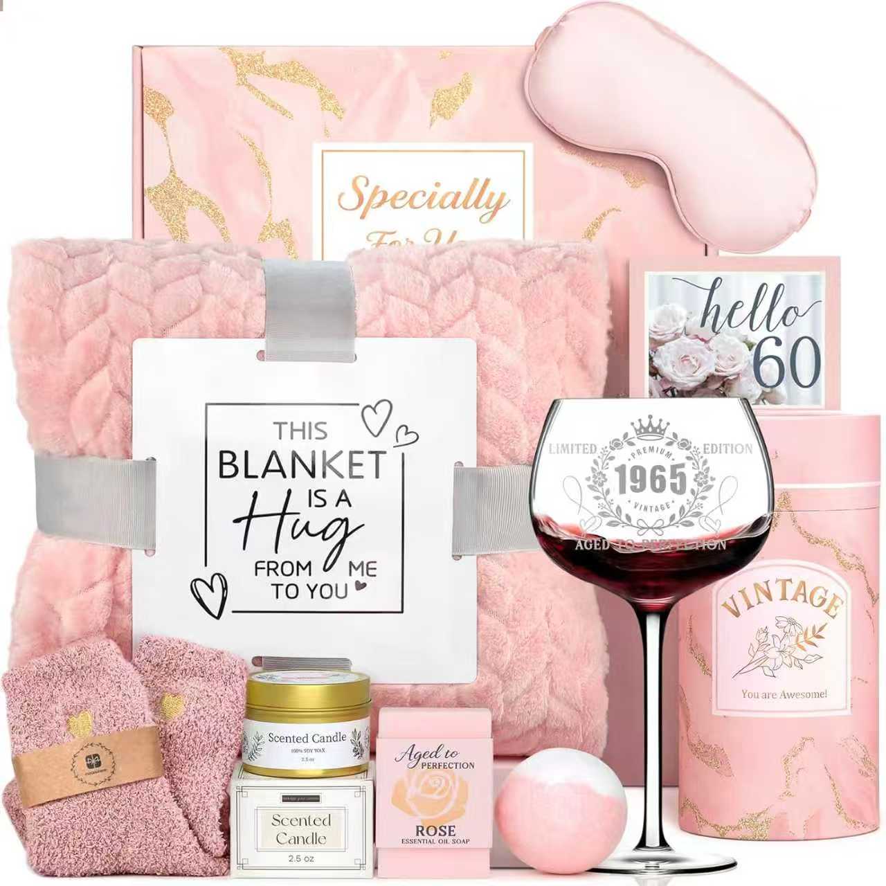 60th Birthday Gifts for Women, 60th Birthday Decorations for Woman 1965 Birthday Gifts for 60 Year Old Women with Blankets Wine Glass Self Care Gifts Care Package for Her, Mom, Grandma, Sister, Wife